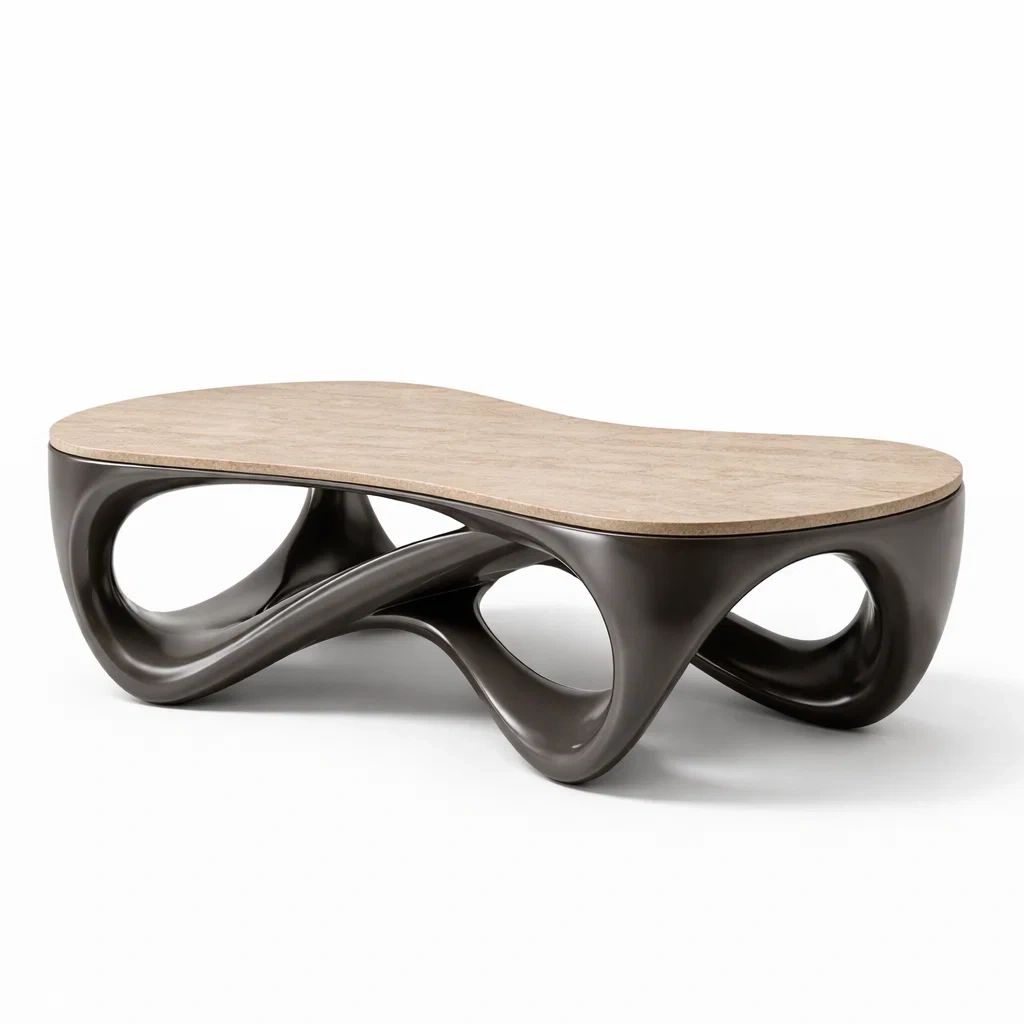 Table basse design organique noir et pierre claire-sofastep