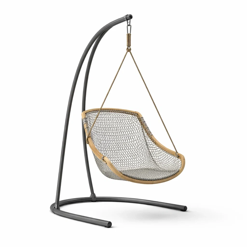 Sedia sospesa con struttura in metallo e seduta in corda grigia-COZYLOFTFURNI