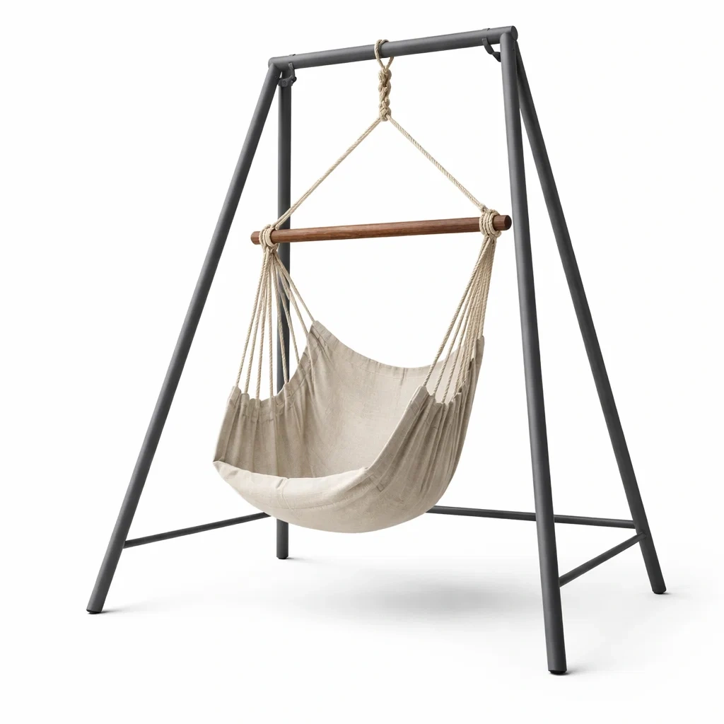 Sedia sospesa con struttura in metallo e seduta in cotone beige-COZYLOFTFURNI