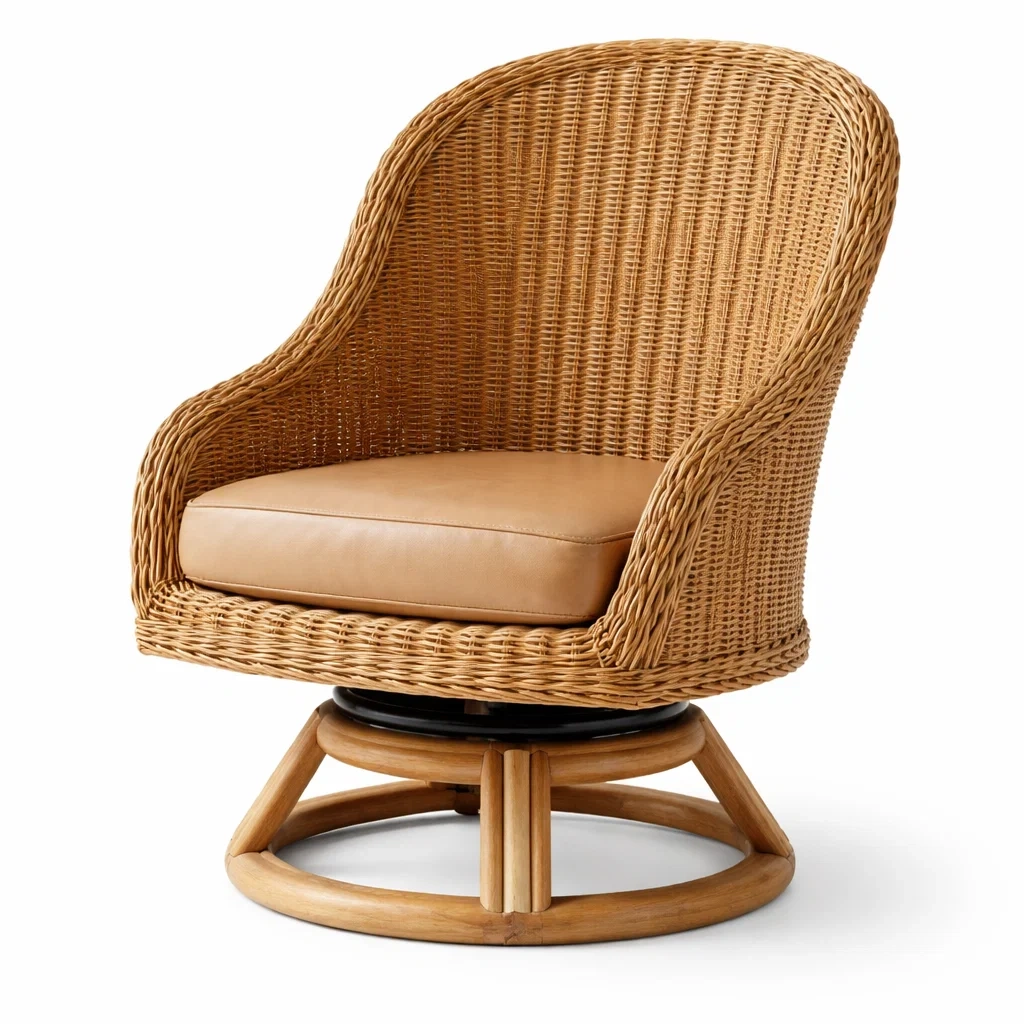 Sedia girevole in rattan con cuscino in pelle-COZYLOFTFURNI