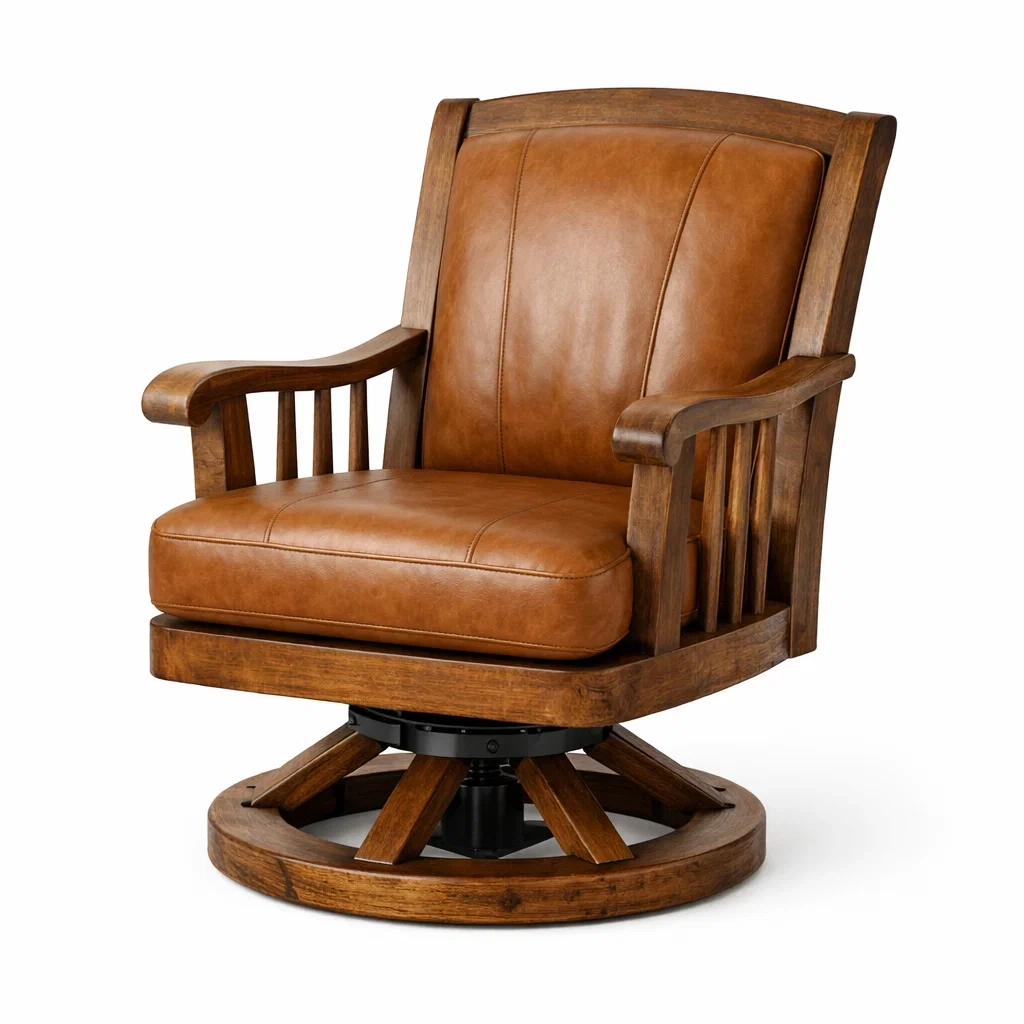 Sedia girevole in legno e pelle sintetica marrone-COZYLOFTFURNI