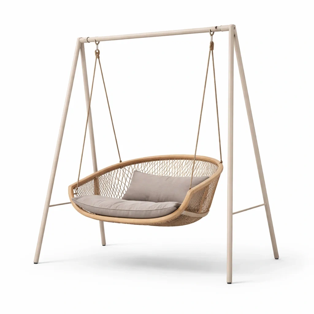 Poltrona sospesa da esterno in metallo e rattan sintetico beige-COZYLOFTFURNI