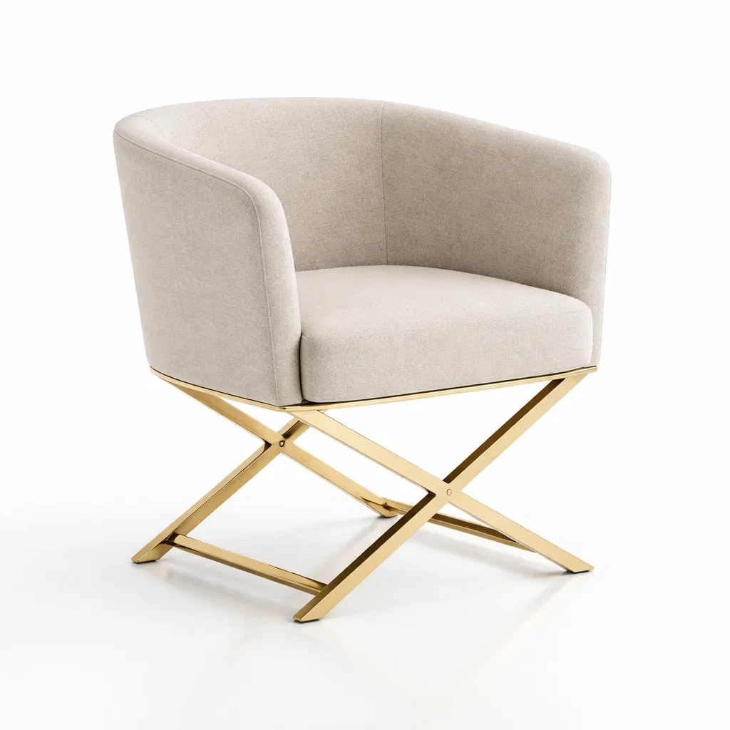 Sedia da relax in tessuto beige con struttura dorata-PLUSHFURNISHCO