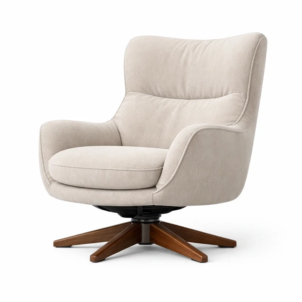 Sedia girevole in tessuto poliestere con base in legno beige-PLUSHFURNISHCO