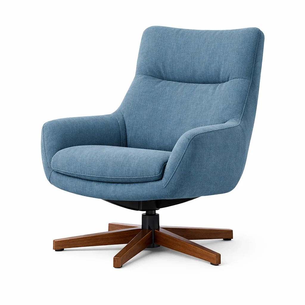 Sedia girevole in tessuto blu con base in legno massello-PLUSHFURNISHCO