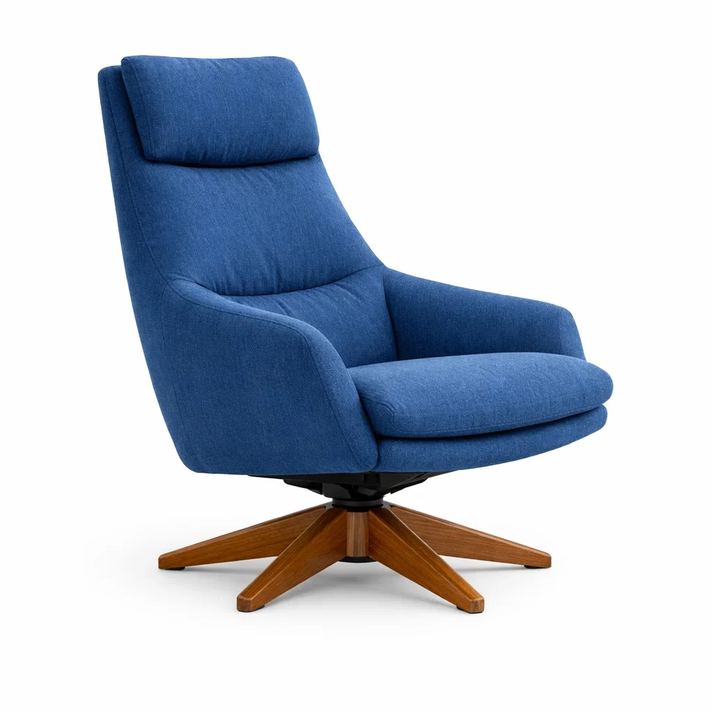 Sedia girevole in tessuto blu con base in legno-PLUSHFURNISHCO