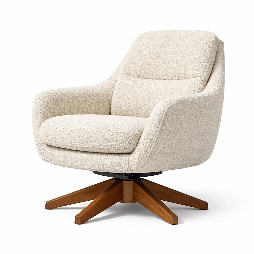 Sedia girevole crema in legno e tessuto bouclé-PLUSHFURNISHCO