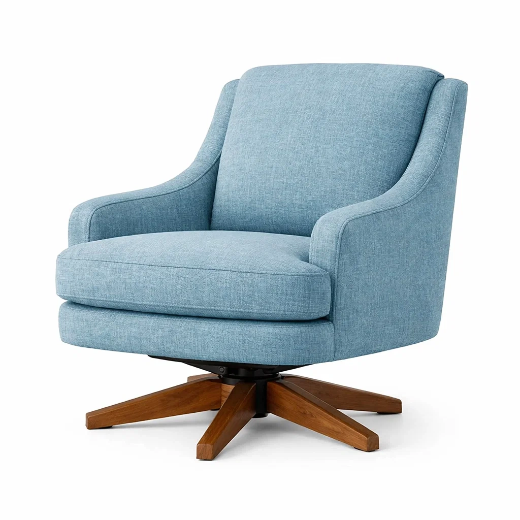 Sedia girevole in tessuto poliestere blu con base in legno massello-PLUSHFURNISHCO