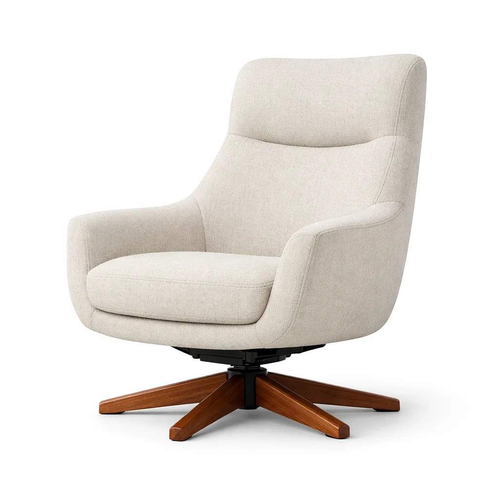 Sedia girevole in tessuto poliestere beige con base in legno-PLUSHFURNISHCO