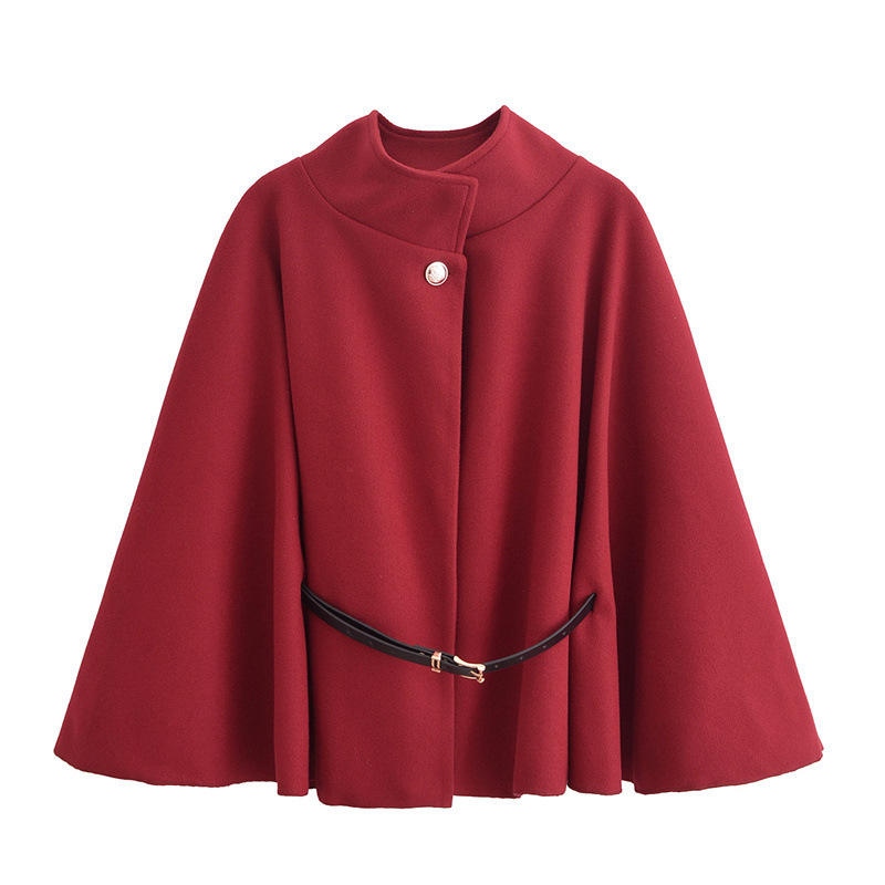 Women's Winter Fashion Casual Solid Color Waist Strap Woolen Cloak Jacket