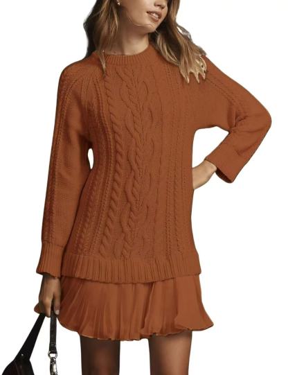 Women Cable Knit Sweater Dress Crewneck Long Sleeve Pleated Mini Dress Twofer Style Patchwork Dress