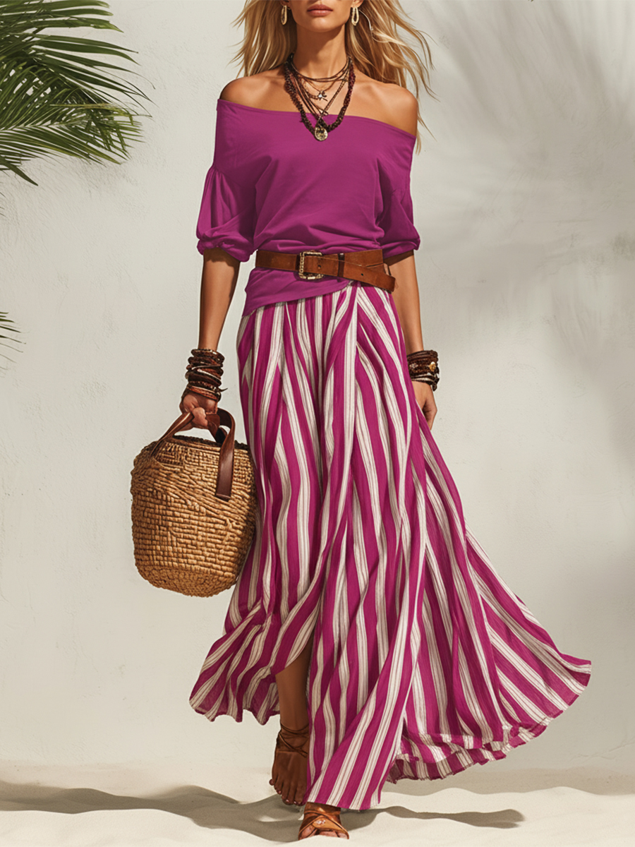 Effortless Striped Maxi Skirt Set with Belt – Relaxed Elegant Off-shoulder Two-Piece Outfit