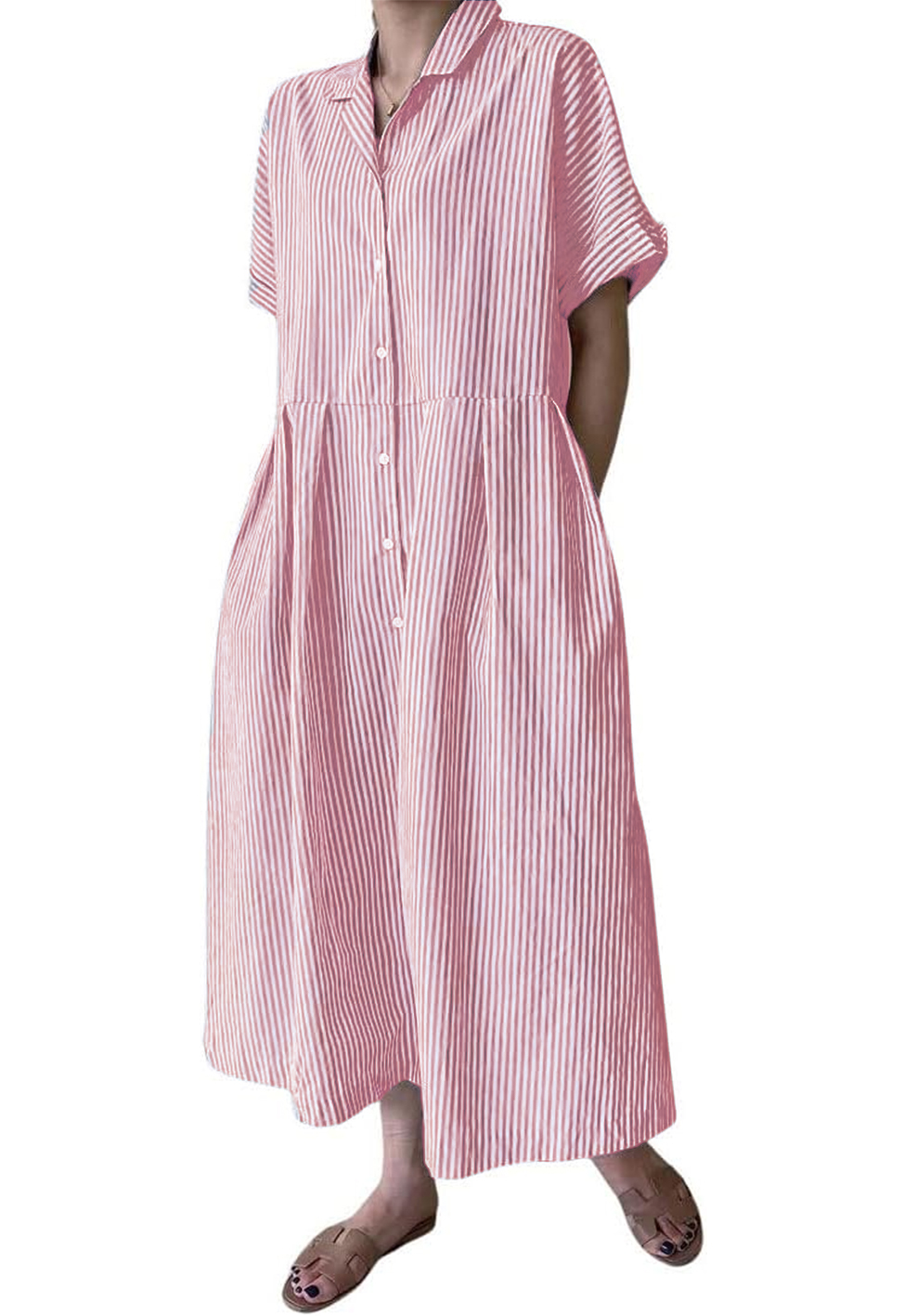 Women's Cotton Striped Shirt Dress Button Up Short Sleeve Midi Long Shift Dress with Pockets(Buy 2 free shipping)