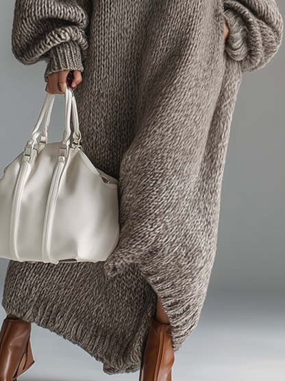 Elegant Urban Silhouette Round Neck Heathered Khaki Knitted Maxi Dress