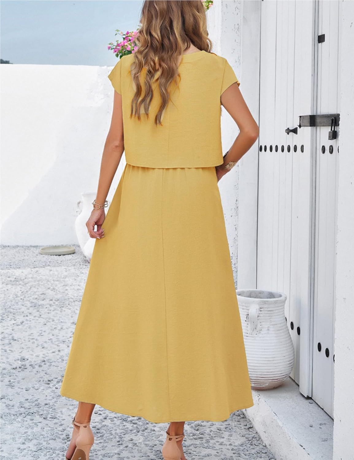 2025 Summer Skirt Sets Women 2 Piece Outfits Cap Sleeve Top Elastic Waist Maxi Dress Sets with Pockets