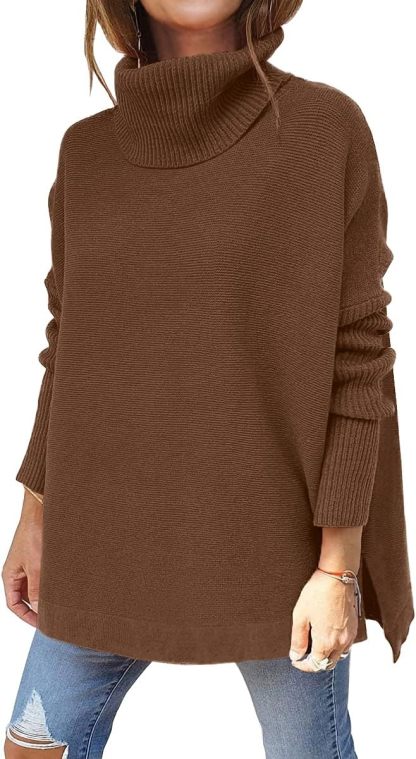Women's Turtleneck Oversized Sweaters Long Batwing Sleeve Spilt Hem Tunic Pullover Knit Tops