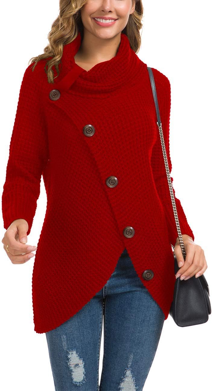 Women's Chunky Turtleneck Long Sleeve Asymmetric Hem Loose Knit Pullover Sweaters