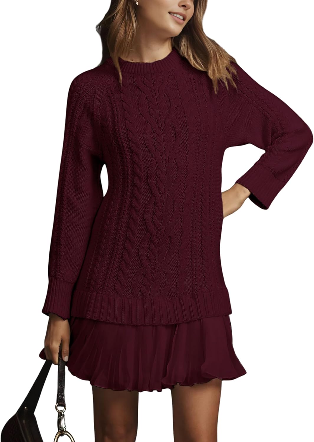 Women Cable Knit Sweater Dress Crewneck Long Sleeve Pleated Mini Dress Twofer Style Patchwork Dress