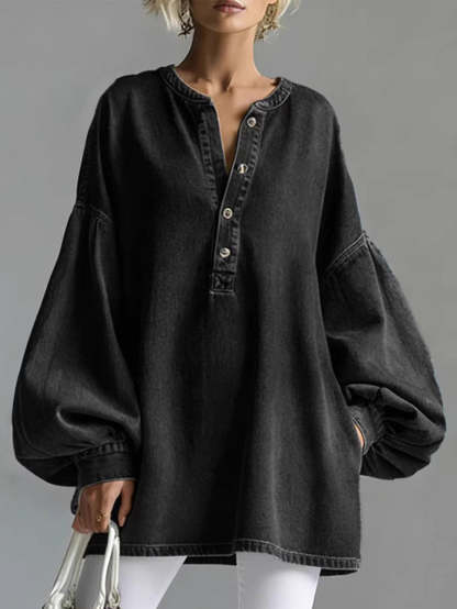 Long Sleeves Loose Buttoned Split-Joint Round-Neck Blouses&Shirts Tops