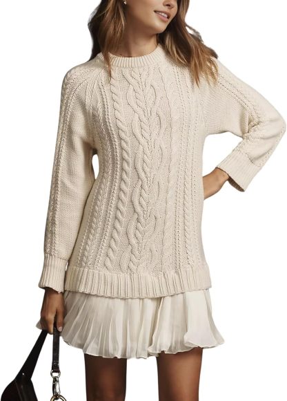 Women Cable Knit Sweater Dress Crewneck Long Sleeve Pleated Mini Dress Twofer Style Patchwork Dress
