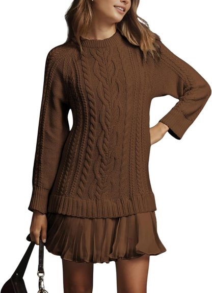 Women Cable Knit Sweater Dress Crewneck Long Sleeve Pleated Mini Dress Twofer Style Patchwork Dress
