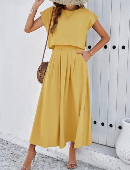 2025 Summer Skirt Sets Women 2 Piece Outfits Cap Sleeve Top Elastic Waist Maxi Dress Sets with Pockets