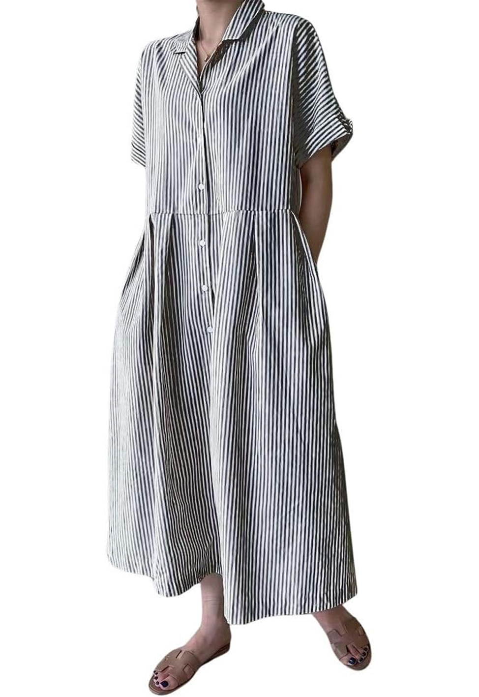 Women's Cotton Striped Shirt Dress Button Up Short Sleeve Midi Long Shift Dress with Pockets(Buy 2 free shipping)