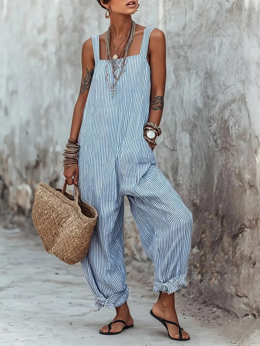 Women's Minimalist Striped Loose-Fit Square-Neck Sleeveless Jumpsuit