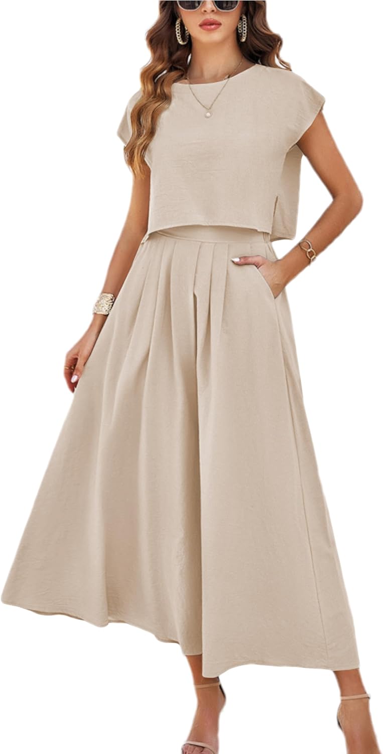 2025 Summer Skirt Sets Women 2 Piece Outfits Cap Sleeve Top Elastic Waist Maxi Dress Sets with Pockets