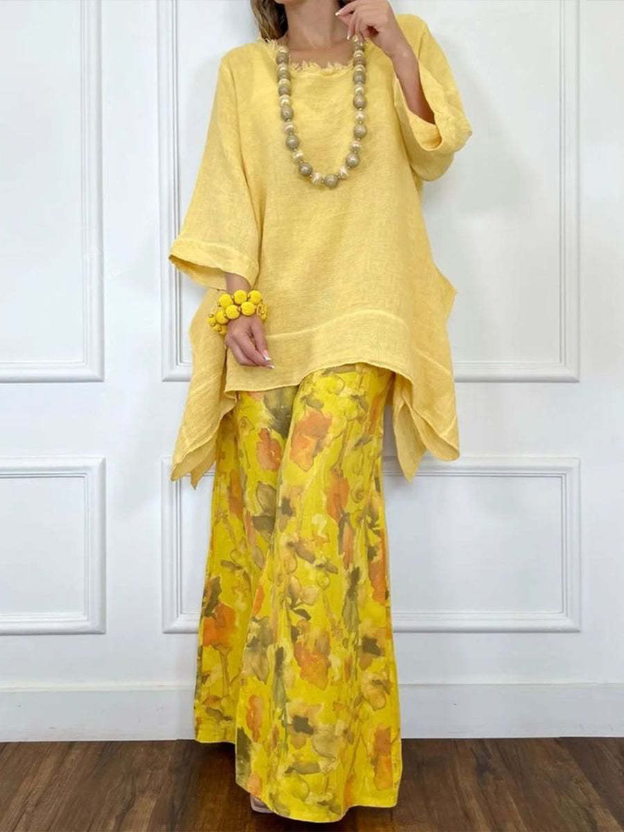 Loose-fit Casual Linen & Cotton Top And Floral-print Pants Two-piece Set