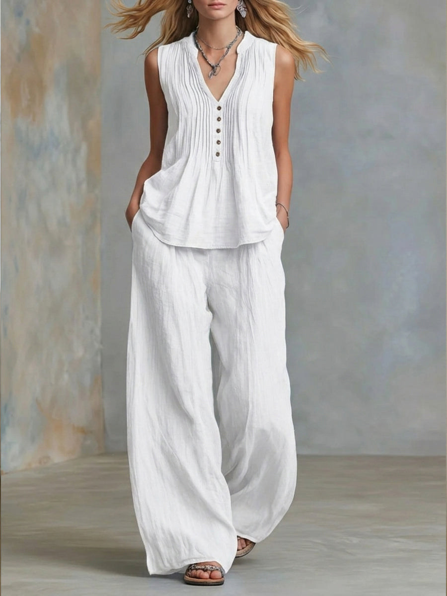 Casual Linen And Cotton Pleated Sleeveless Top And Pants Two-piece Set