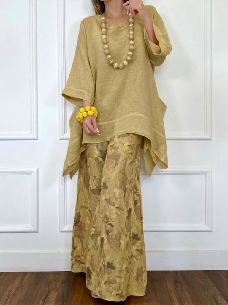 Loose-fit Casual Linen & Cotton Top And Floral-print Pants Two-piece Set