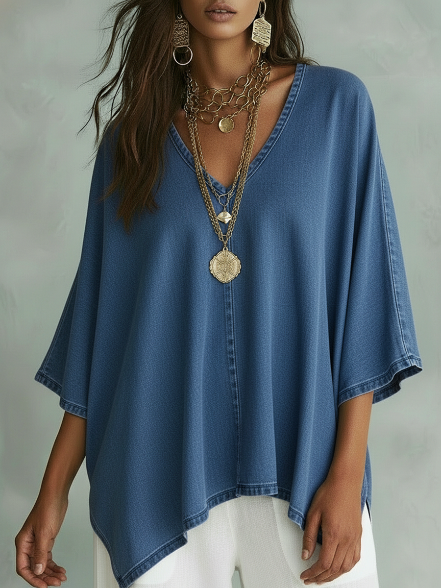 Women’s Loose Fit V-Neck Denim Shirt – Casual Relaxed Chambray Top