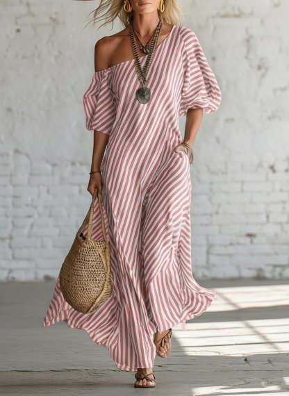 Elegant And Classic Striped Off-shoulder Maxi Dress