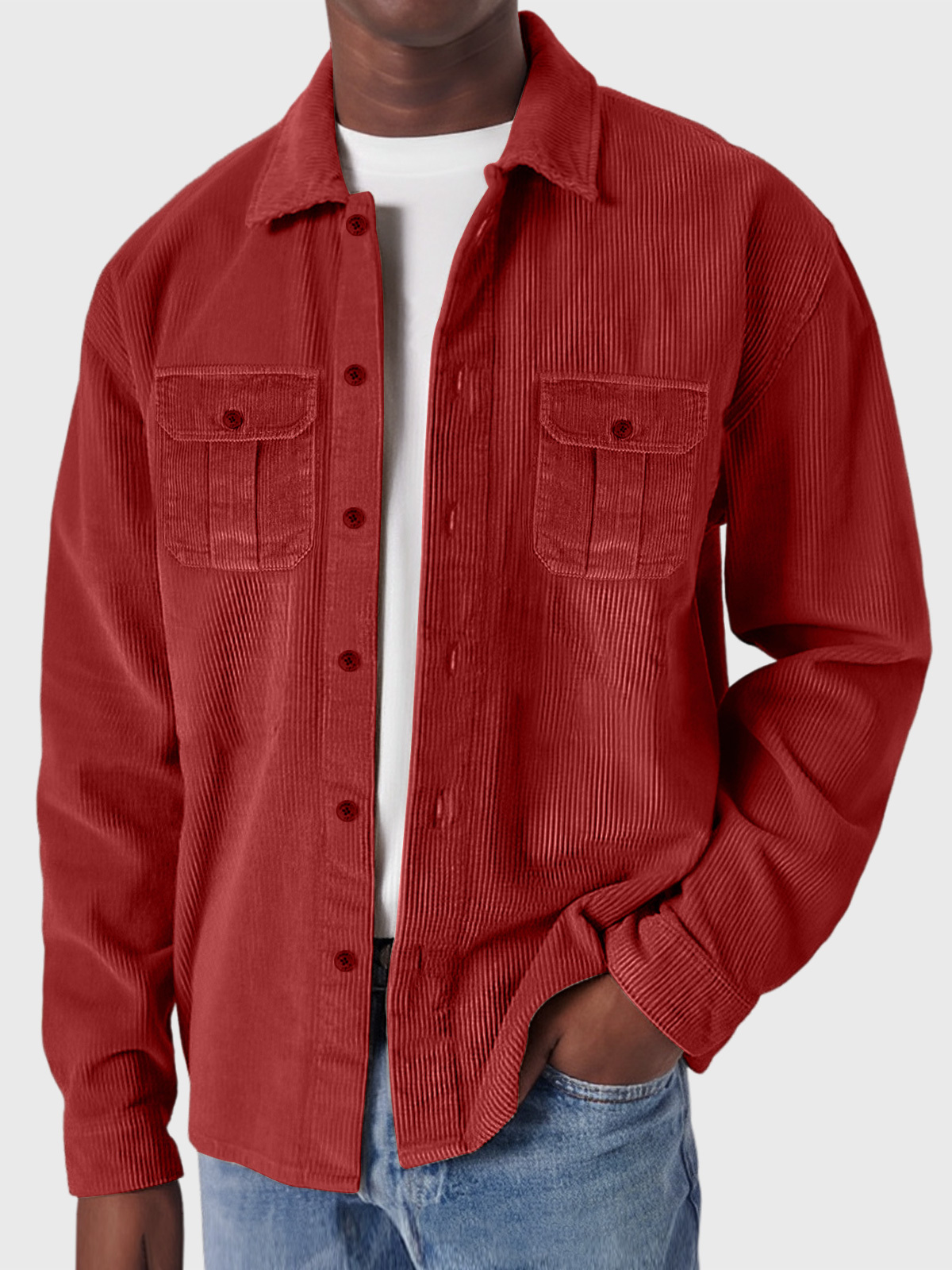 Men's Casual Corduroy Double Pocket Solid Color Long Sleeve Shirt