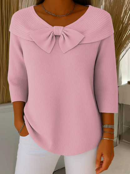 ✨️Buy 2 PCS for free shipping🎄Women's Solid Color Round Neck 3/4 Sleeve Bow Casual Knit Pullover