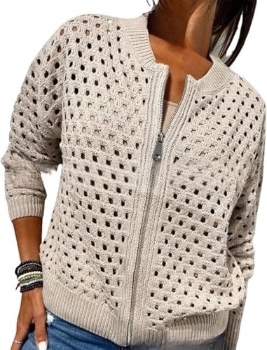 Women’s Casual Hollow Knitwear Zipper Jacket, Crochet Fishnet Knit Shrugs Sweater Jacket Lightweight Cardigans Sweater