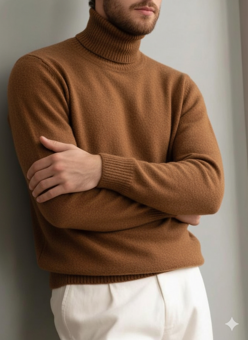 Men's comfortable textured cashmere turtleneck warm sweater