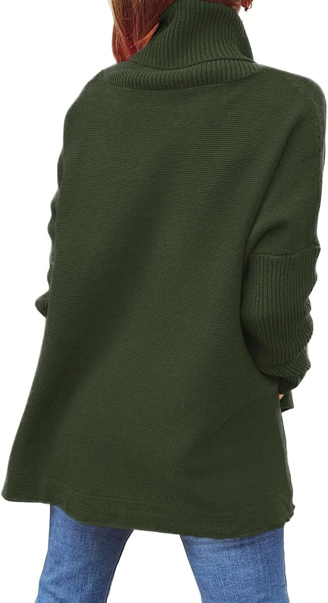 Women's Turtleneck Oversized Sweaters Long Batwing Sleeve Spilt Hem Tunic Pullover Knit Tops