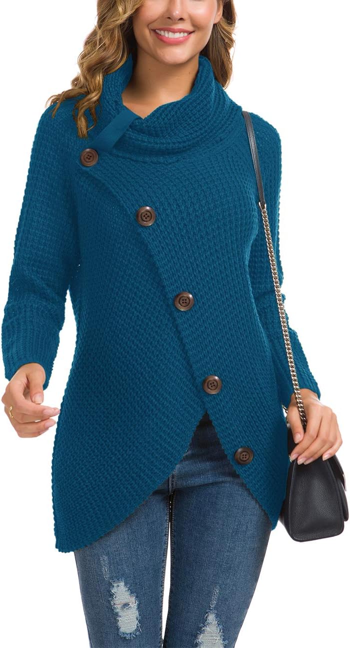 Women's Chunky Turtleneck Long Sleeve Asymmetric Hem Loose Knit Pullover Sweaters