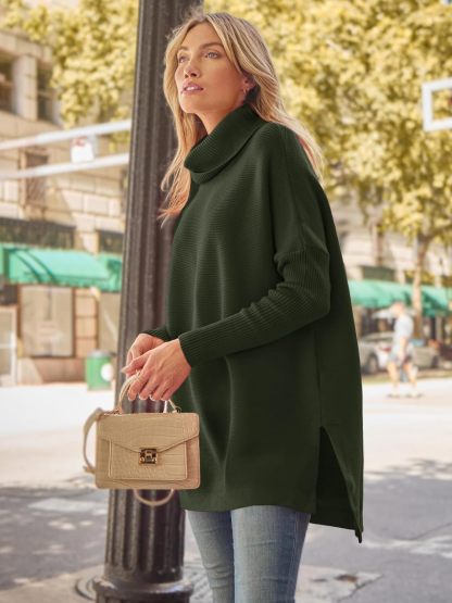 Women's Turtleneck Oversized Sweaters Long Batwing Sleeve Spilt Hem Tunic Pullover Knit Tops