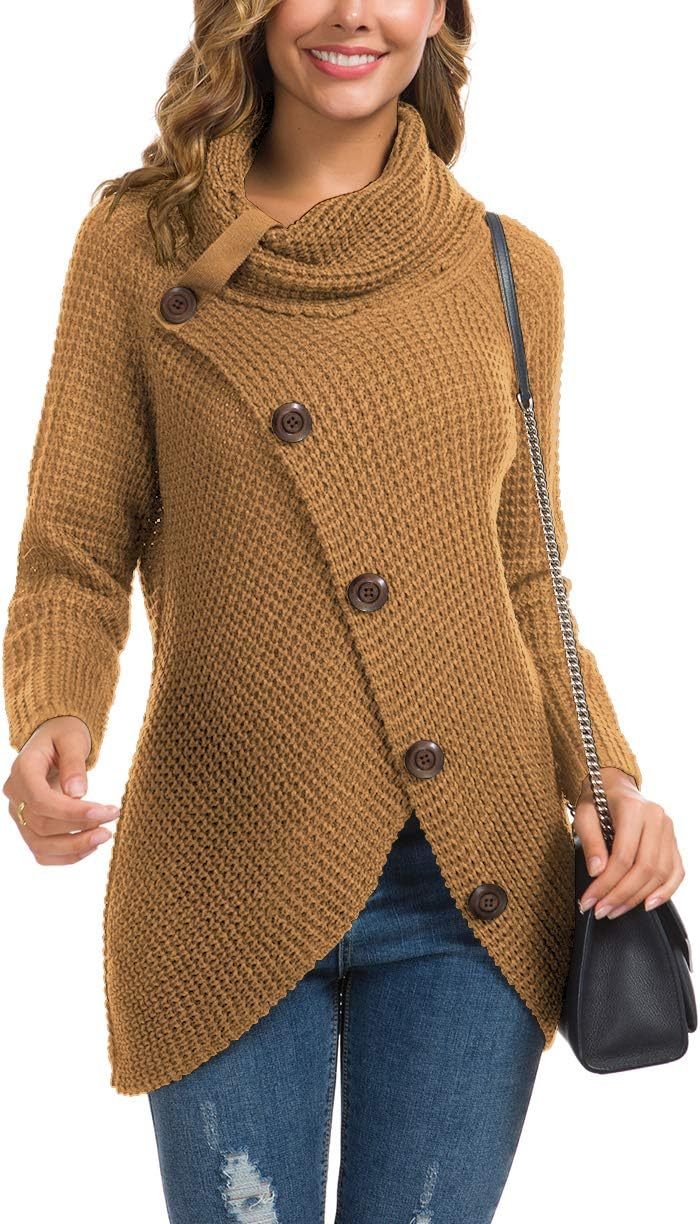 Women's Chunky Turtleneck Long Sleeve Asymmetric Hem Loose Knit Pullover Sweaters