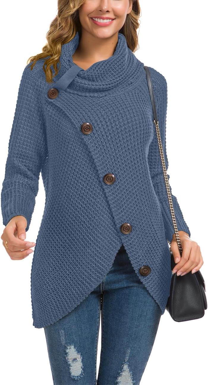 Women's Chunky Turtleneck Long Sleeve Asymmetric Hem Loose Knit Pullover Sweaters