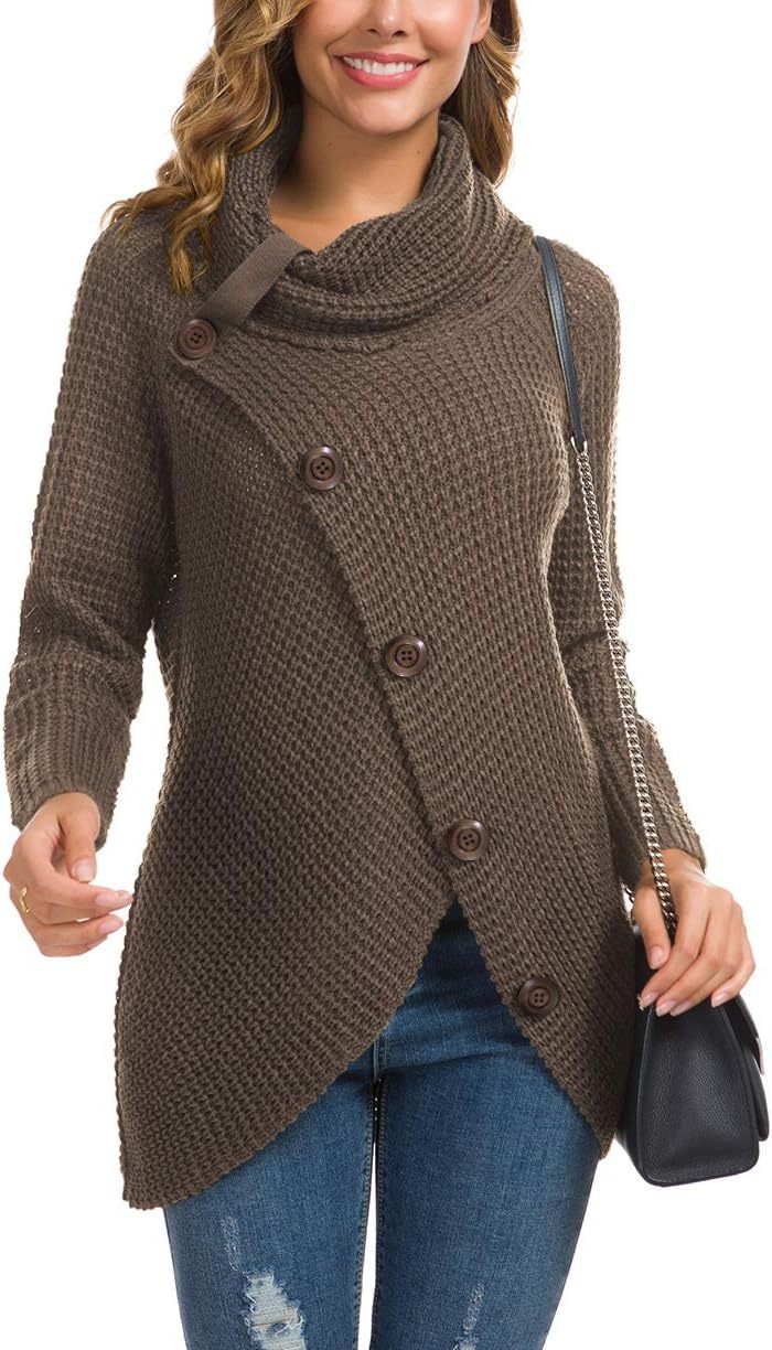 Women's Chunky Turtleneck Long Sleeve Asymmetric Hem Loose Knit Pullover Sweaters