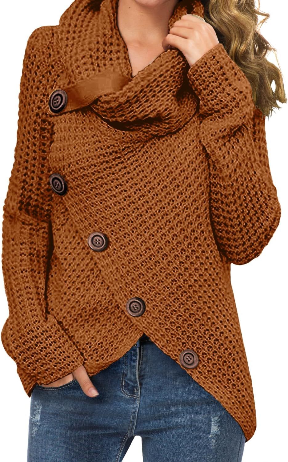 Women's Chunky Turtleneck Long Sleeve Asymmetric Hem Loose Knit Pullover Sweaters