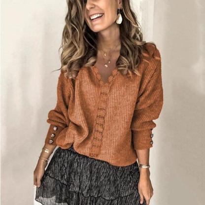 Women's Autumn Elegant Lace Long Sleeve V Neck Casual Sweater