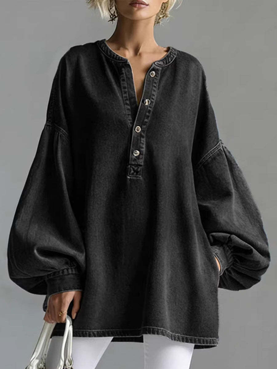 Long Sleeves Loose Buttoned Split-Joint Round-Neck Blouses&Shirts Tops