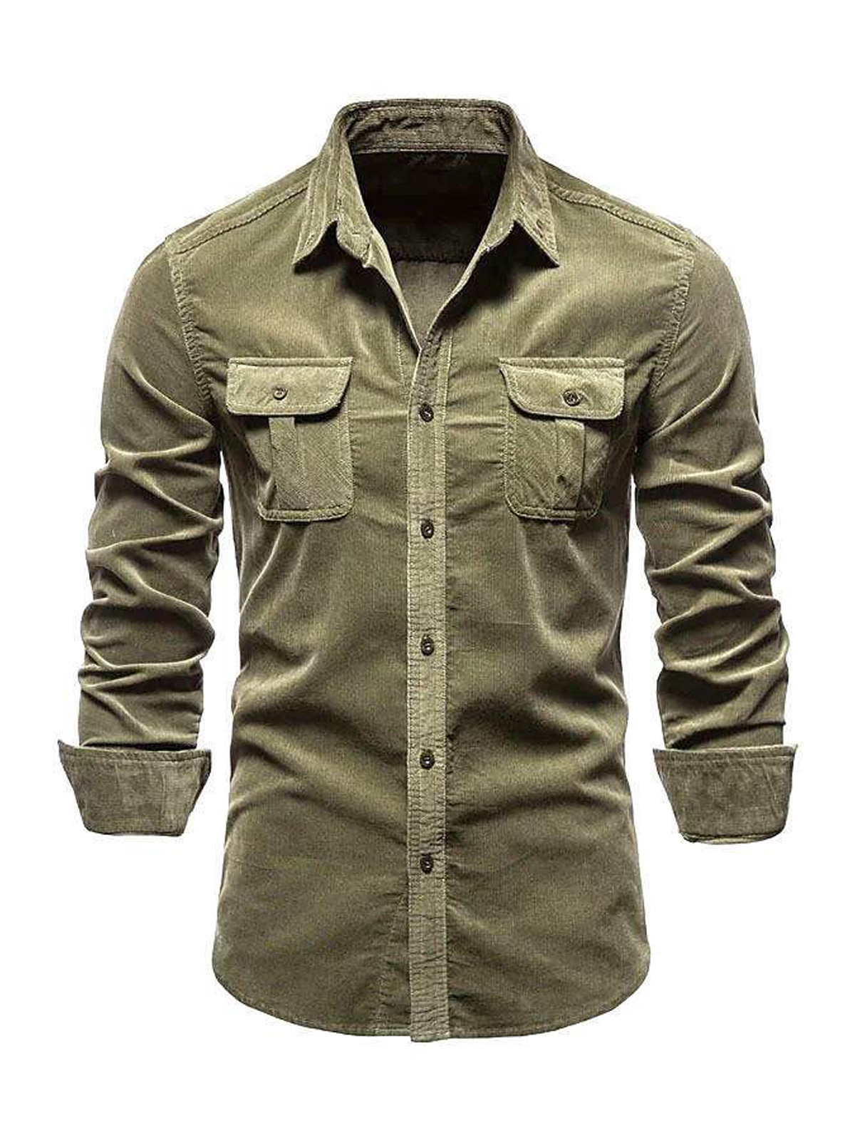 Men's Casual Corduroy Double Pocket Solid Color Long Sleeve Shirt