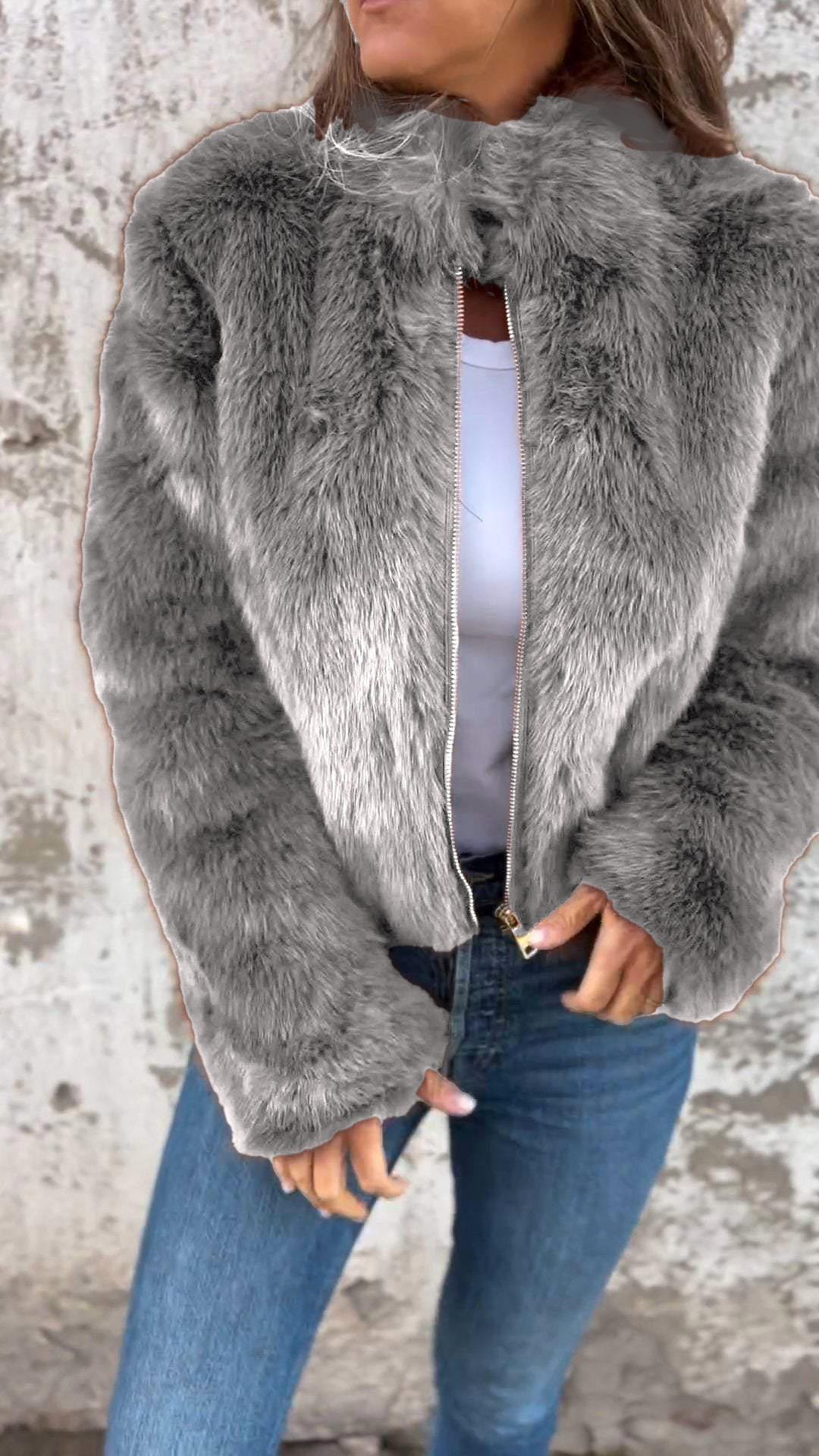 Women's High Collar Fur Zipper Casual Jacket