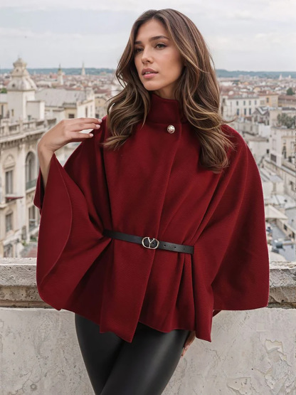 Women's Winter Fashion Casual Solid Color Waist Strap Woolen Cloak Jacket